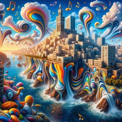 The primary subject of the image is a colorful, whimsical cityscape with a mix of buildings, water, and clouds. The setting is a vibrant, imaginative world with a unique visual style. The colors and mood of the image are lively and energetic, with a strong focus on artistic expression and creativity.